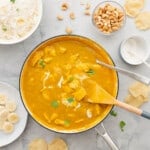 A large pan full of Mango Curry, drizzled with cream and sprinkled with parsley sitting on a bench next to a small bowl of cashew nuts, a ramekin of coconut, a bowl of rice and a plate of sliced bananas.