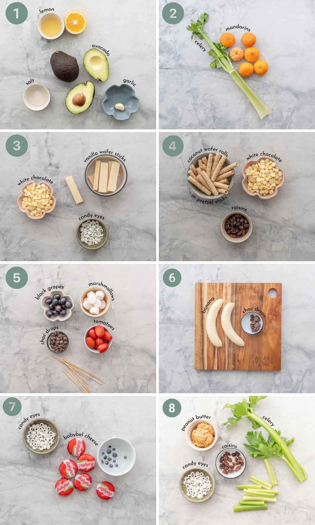 Collage of eight images showing the ingredients needed to make the eight dishes on a Halloween Snack Board with text overlay.