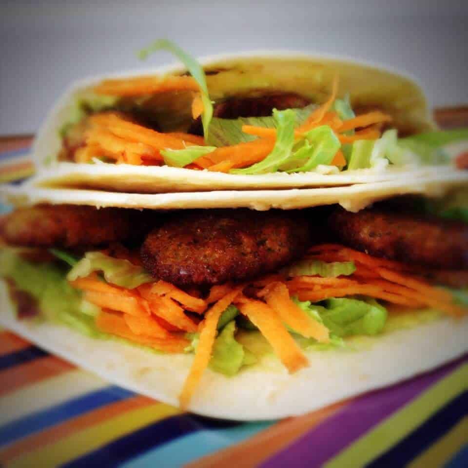 Falafel Pitas on a striped plate