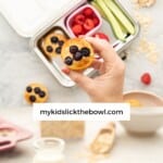 A two photo collage of banana oatmeal muffins with text overlay for Pinterest: Banana blueberry oatmeal muffins; BLY, snack, lunchbox.