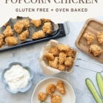 A small mesh basket filled with popcorn chicken, plus a side plate of more popcorn chicken with batons of cucumber. With text overlay for Pinterest.