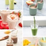 A collage of six different colourful smoothies.