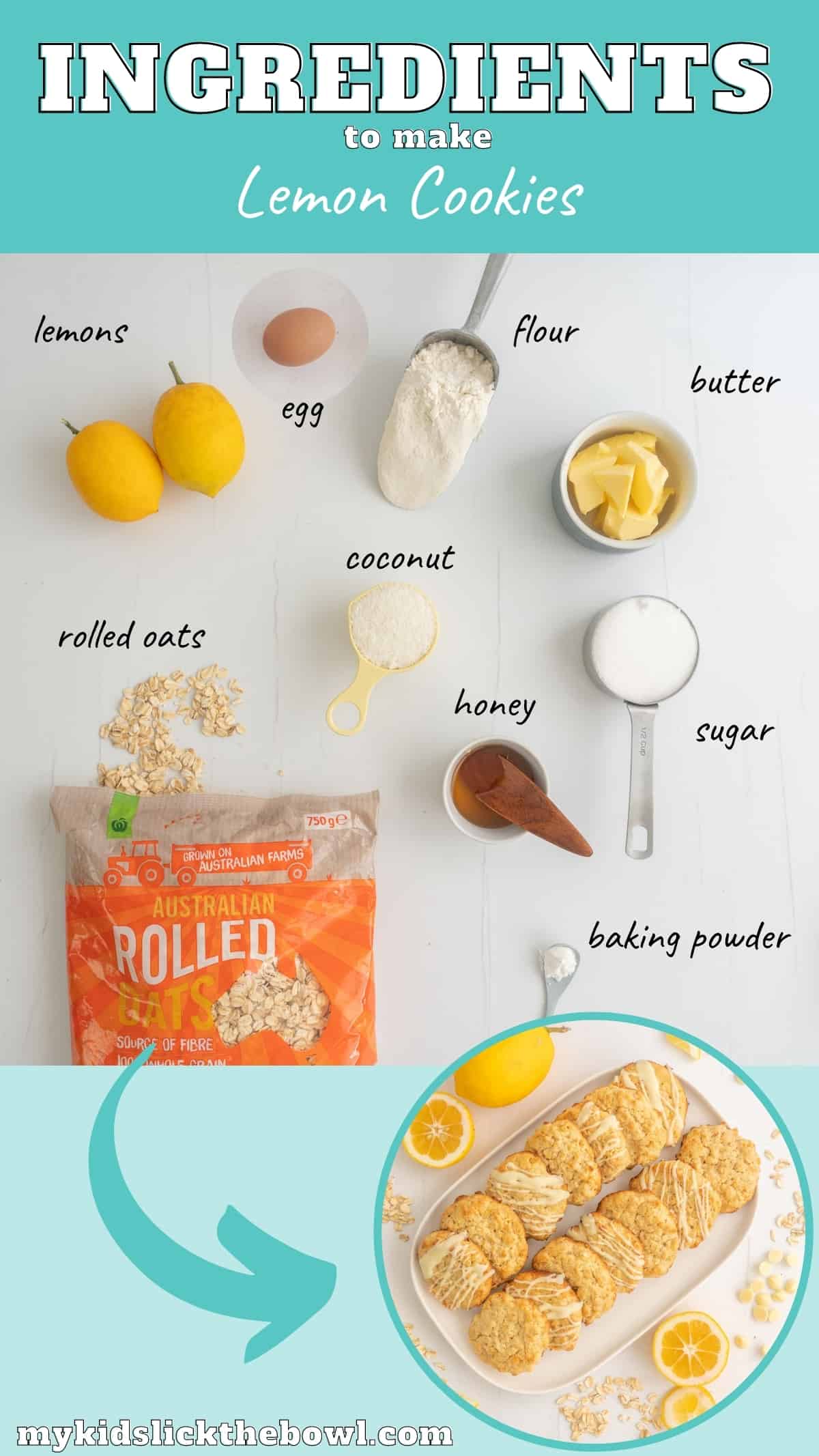 The ingredients to make lemon cookies laid out on a counter top with text overlay.
