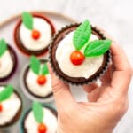 Chocolate Christmas Cupcakes decorated to look like Figgy Puddings. An easy Christmas dessert that kids will love.