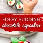 A two photo collage of cupcakes decorated to look like christmas puddings.