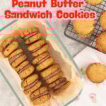 Glass container with two rows of peanut butter sandwich cookies inside next to cooling tray with more cookies on top. With text overlay for Pinterest.