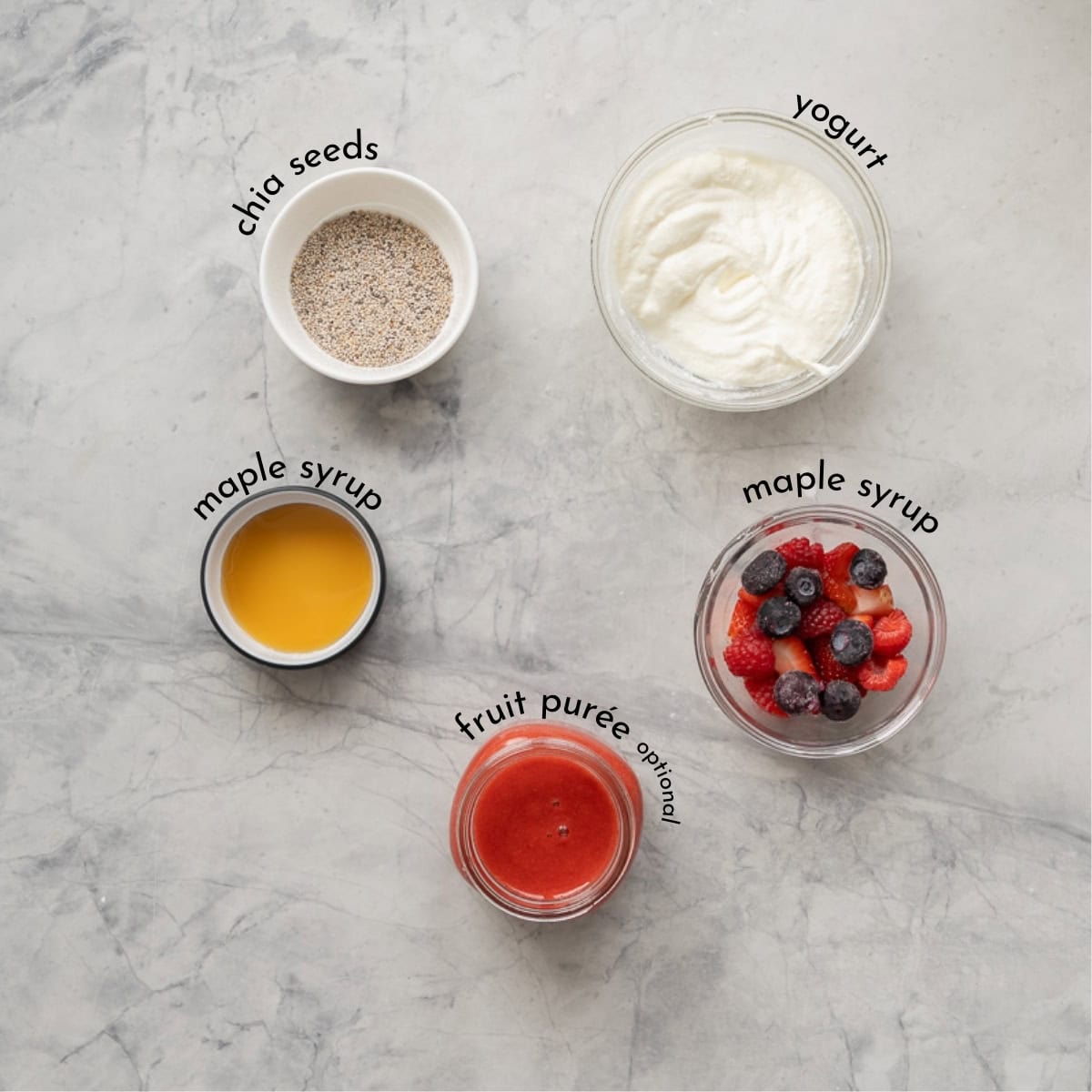 Bowls of yogurt, chia seeds, strawberry puree, maple syrup and berries on a bench top with text overlay labels.