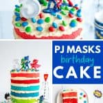 4 images of the pj masks cake showing the figurines on top and the 6 coloured layers