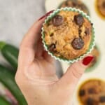 A hand holding a chocolate chip studded muffin with text overlay; 'Banana Zucchini Muffins, loved by Kids'.