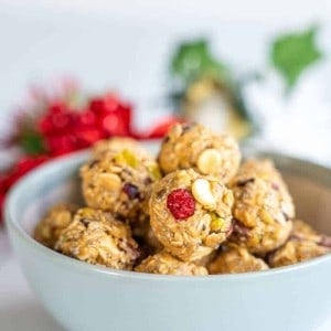 Oat balls studded with cranberry and pistachios.