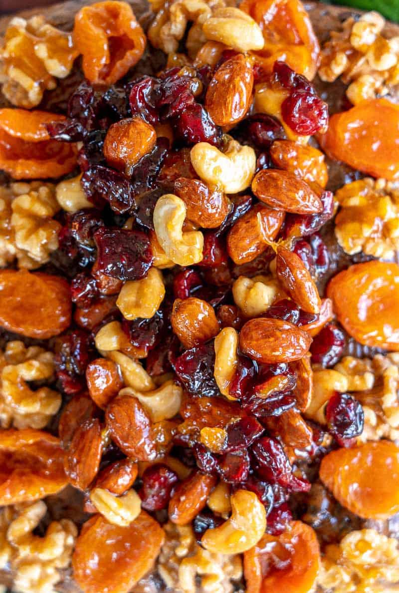 Fuit and nut topping of christmas cake.
