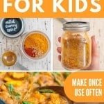 Collage of three photos, an open jar with spices before being mixed, a jar with lid showing mixed spices and a photo of a curry.