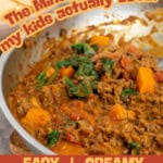 A skillet ot beef mince coconut curry with text overlay: 'The mince curry my kids actually love, easy, creamy, full of hidden veggies.
