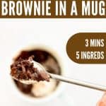 Vegan brownie in a mug title, hand holding spoon scooping brownie out of mug.