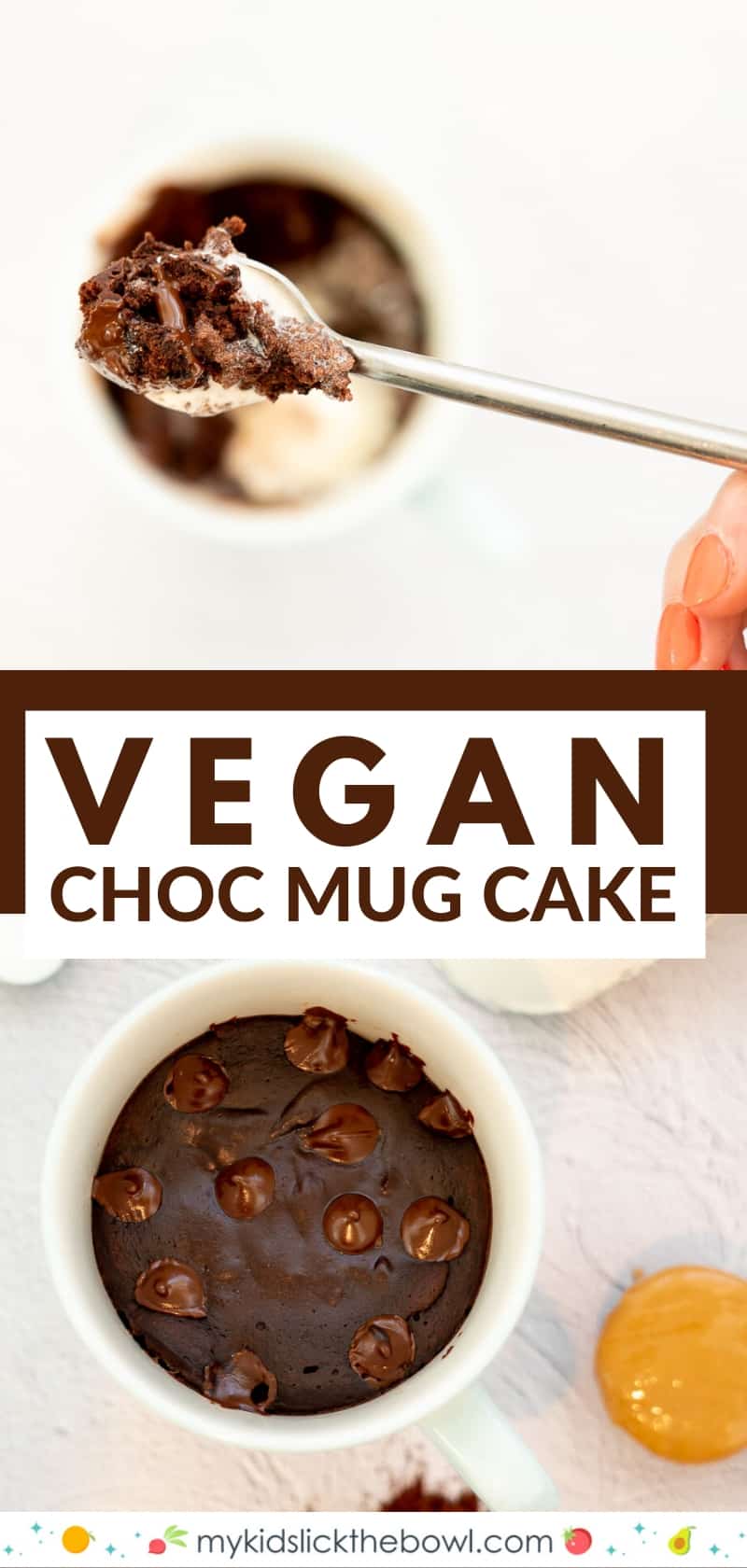 Split image with scoop of mud cake on a spoon, cup of vegan mug cake with melted chocolate chips on top.