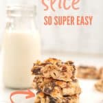 3 pieces of condensed milk slice stacked in a tower, sitting next to a small glass bottle of milk