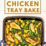 Large black roasting pan of maple chicken tray bake being held by a woman's hands.