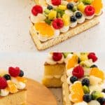 Collage of images showing a number one birthday cake decorated with fruit and piped whipped cream, text overlay for pinterest