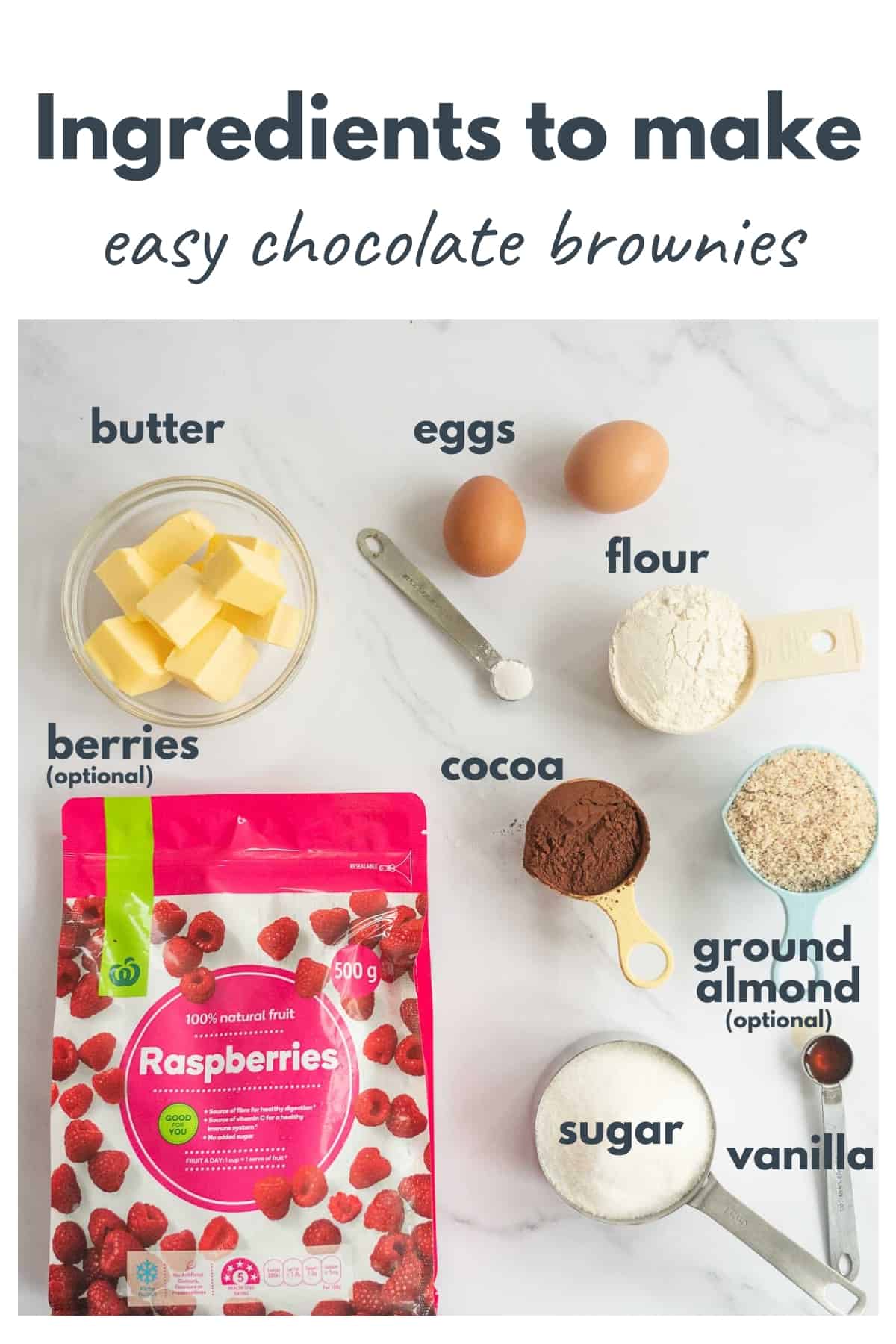 Ingredients for a chocolate brownie recipe laid out on a bench with text overlay