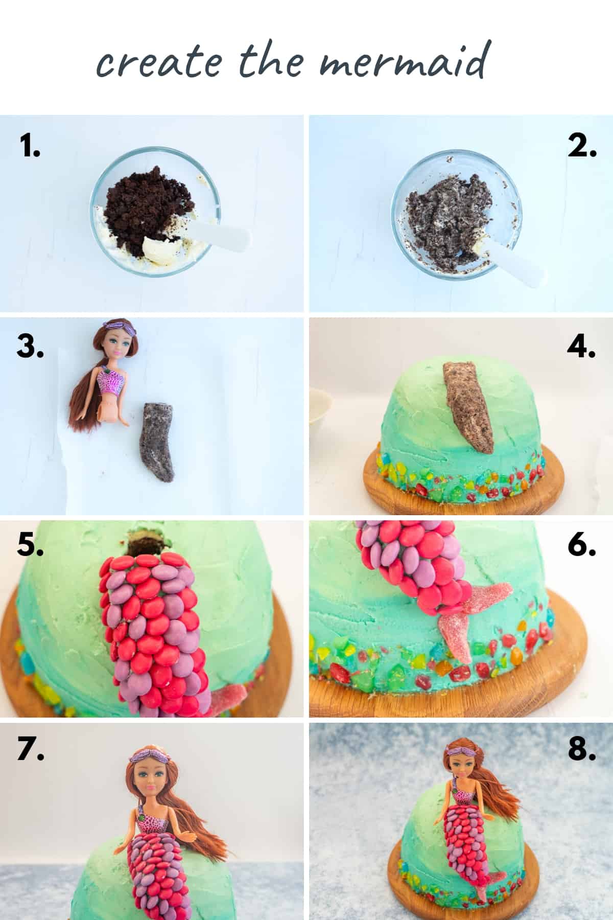 8 photo collage showing the steps to create the mermaid cake topper