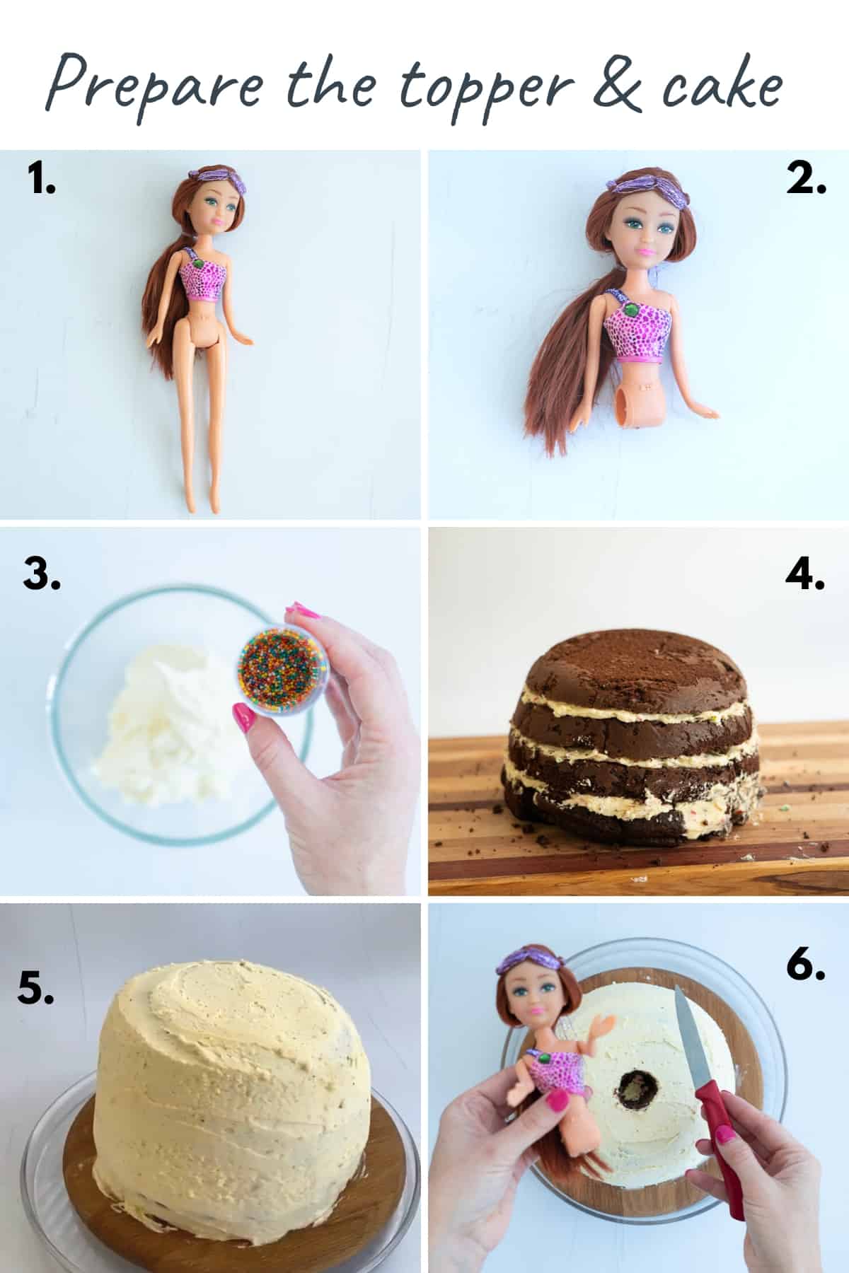 6 photo collage showing the steps to prepare the cake topper and layer the cake