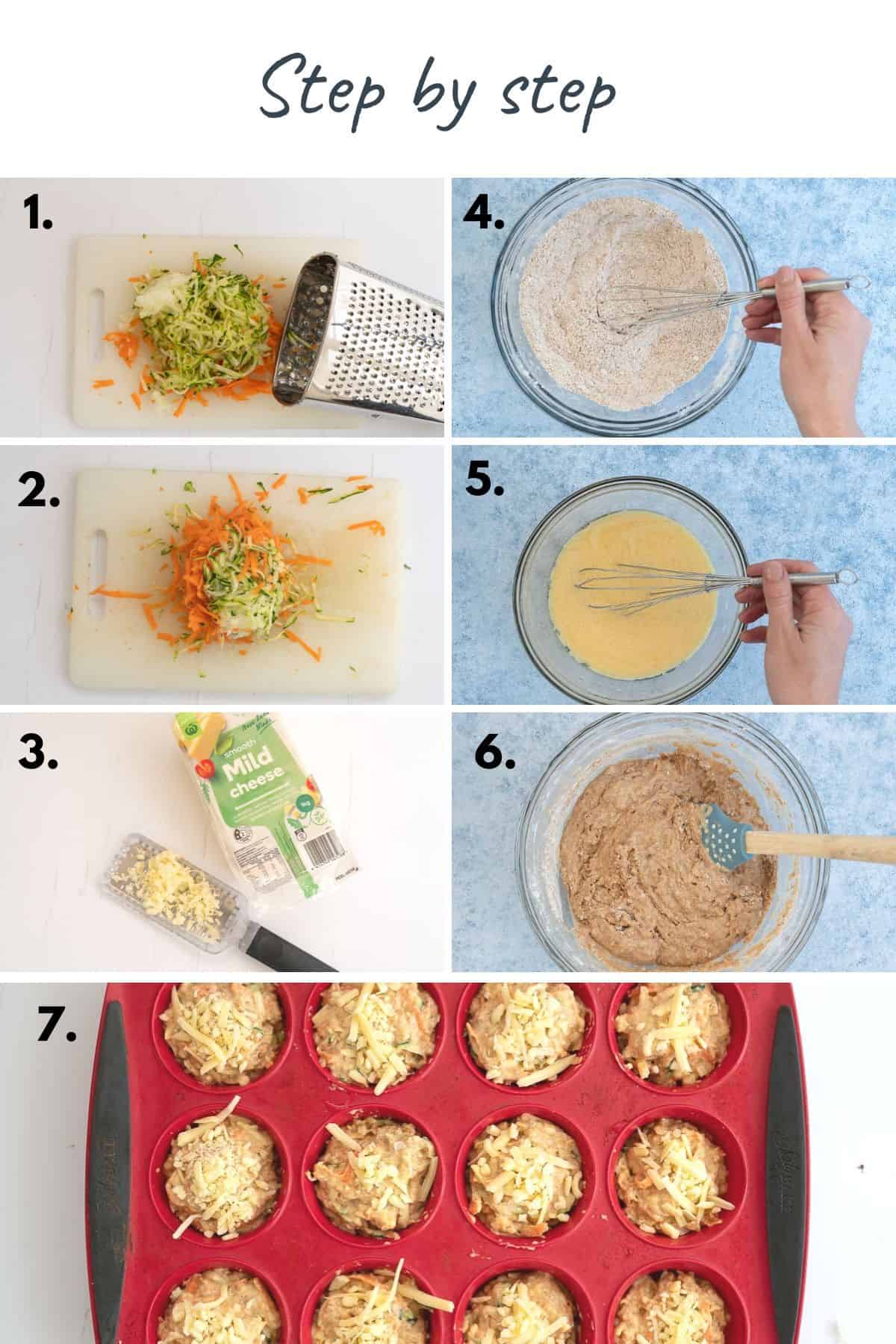 7 photo collage showing the steps to make savoury muffins