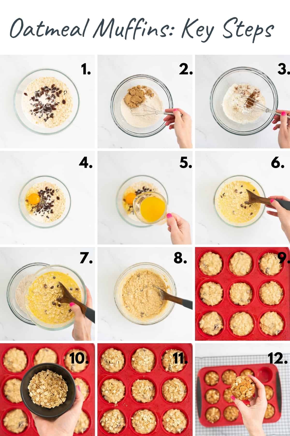 12 photo collage showing the process of making oatmeal muffins