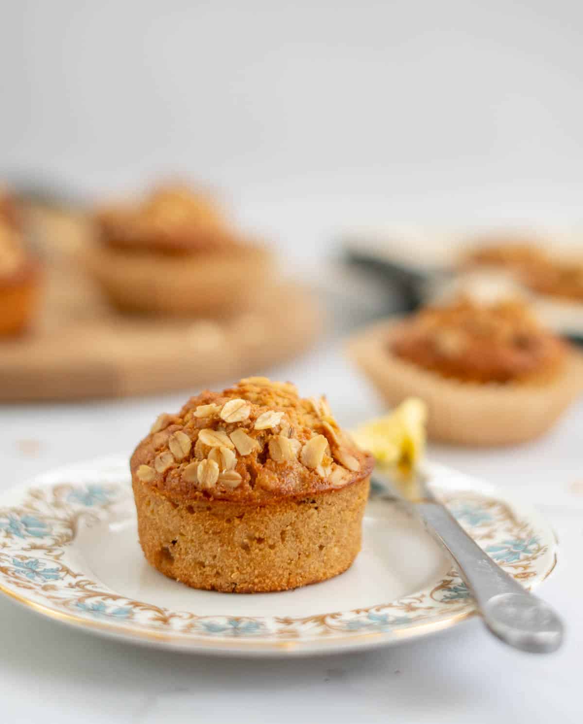 oatmeal muffin on a blue floral plate