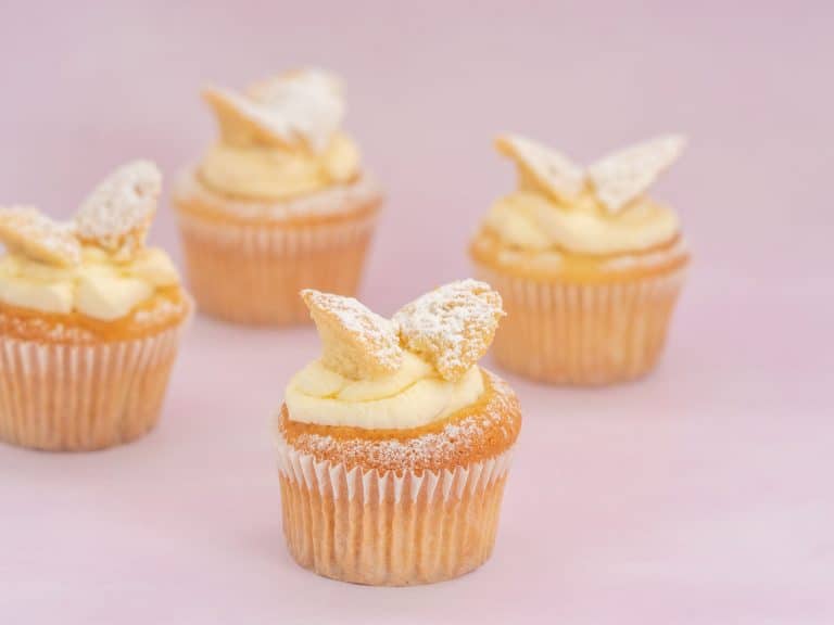 4 butterfly cupcakes on a pink background
