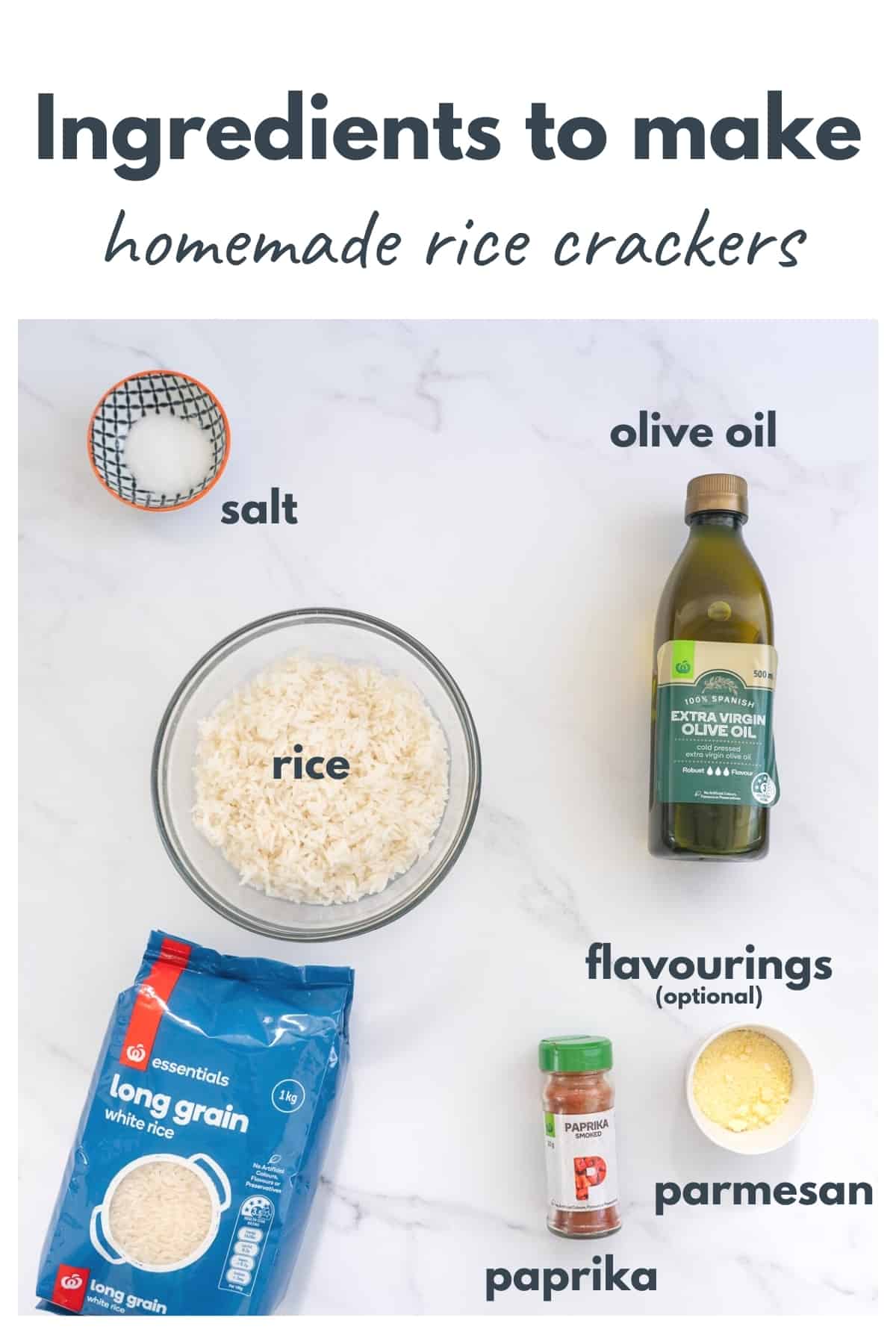 The ingredients to make rice crackers laid out on a bench with text overlay