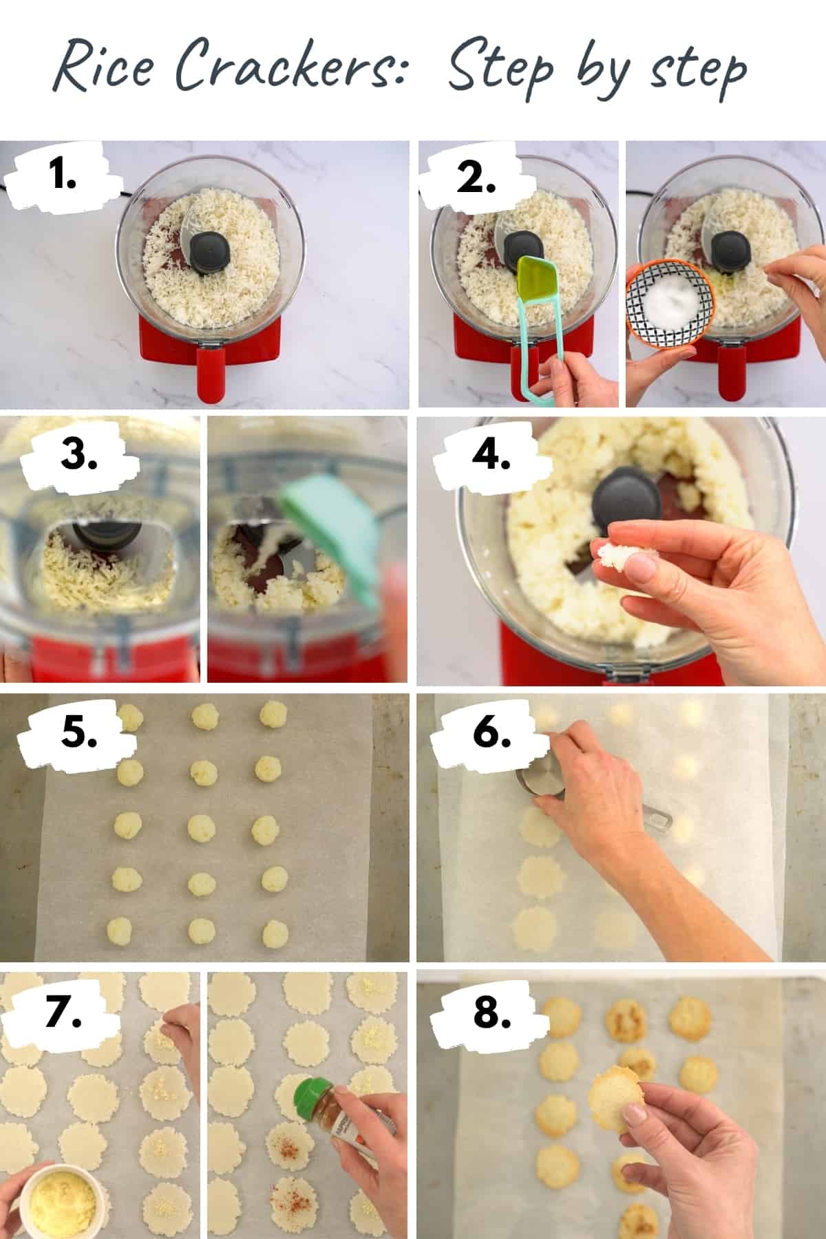 Step by step numbered images of how to make rice crackers.
