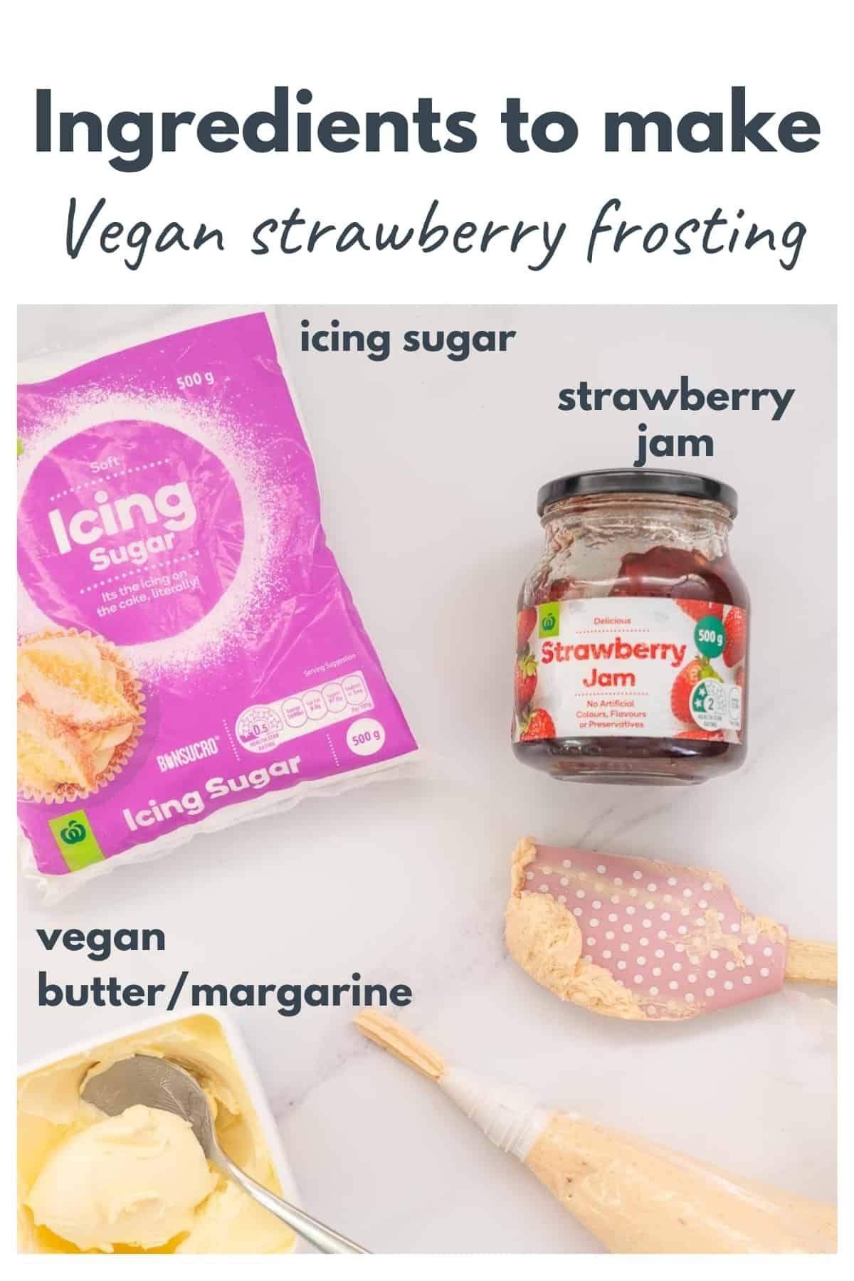 top down image of ingredients for vegan strawberry frosting with text overlay