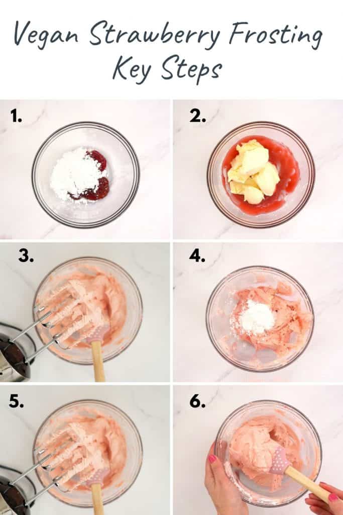 6 photo collage showing the process steps fr making vegan strawberry frosting