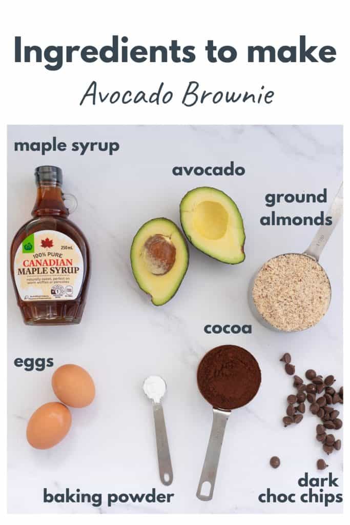 Ingredients to make an avocado brownie laid out on a bench top with text overlay.