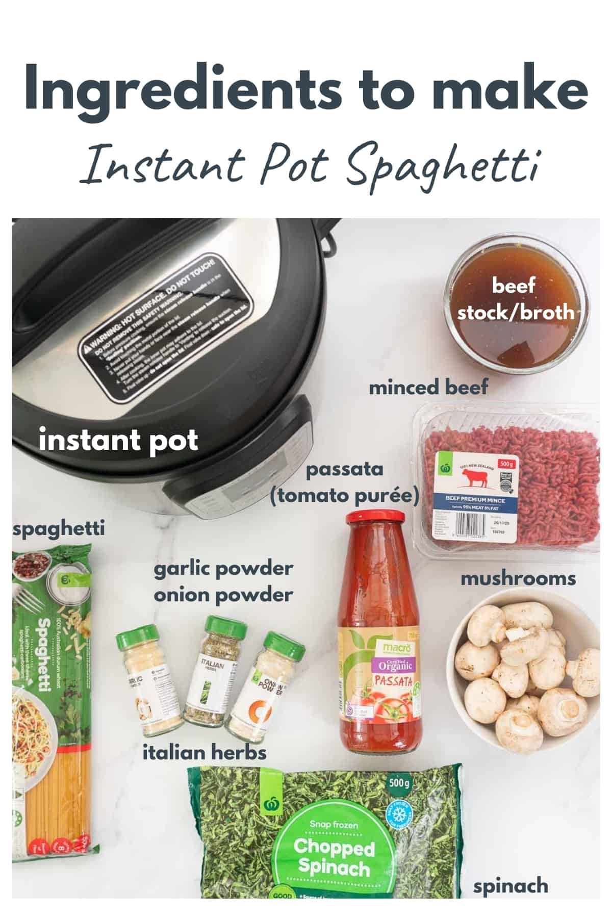 Flat lay of instant pot spaghetti ingredients with text overlay.