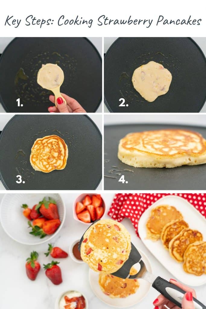 Step by step image instructions showing how to cook strawberry pancakes.