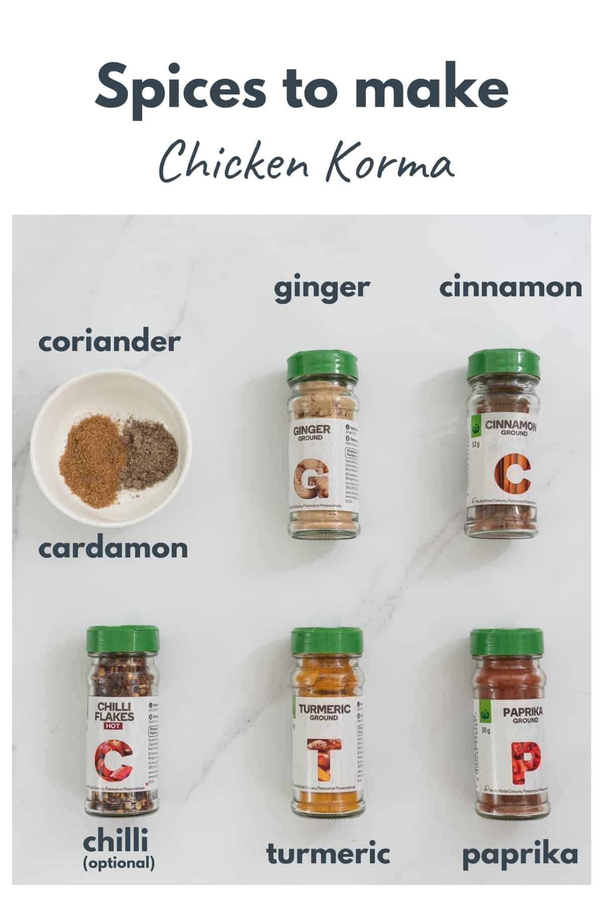 chicken korma spices laid out on a bench with text overlay