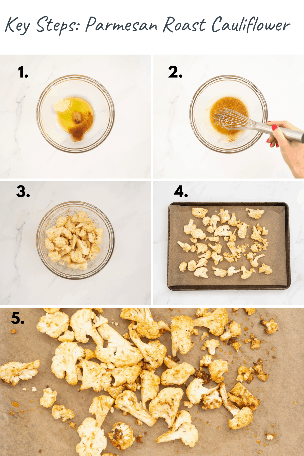 5 photo collage showing the process steps to make parmesan roast cauliflower