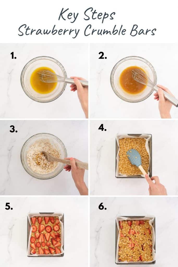 Step by step images of how to make strawberry crumble bars.