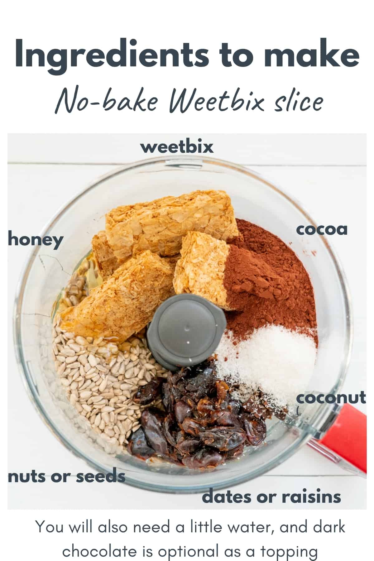 The ingredients to make a Weetbix slice in a food processor with text overlay.
