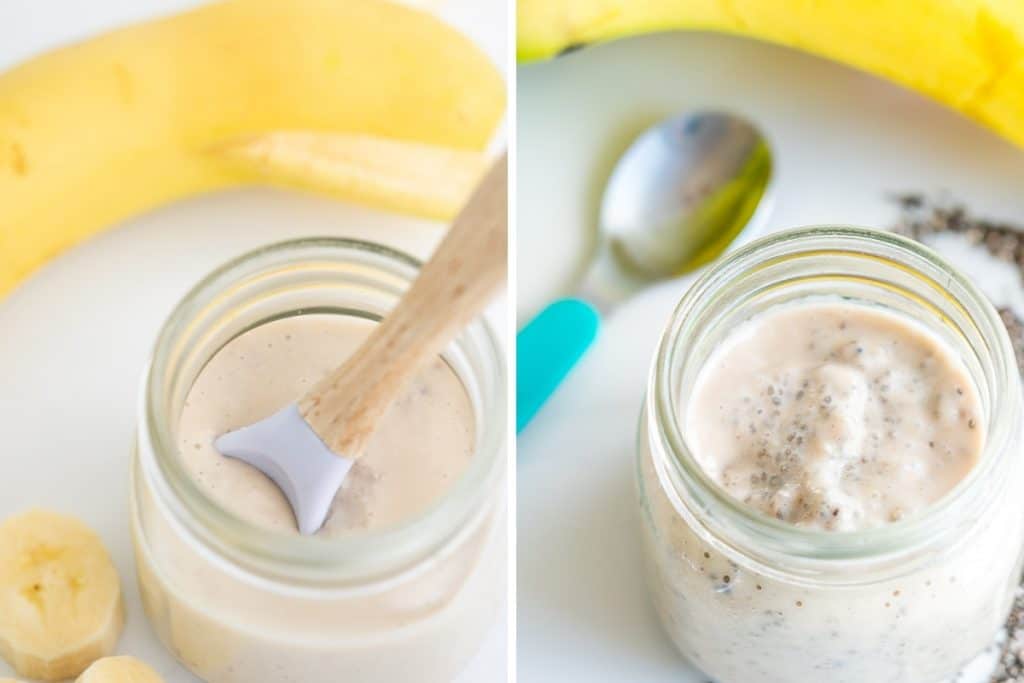 Two photo collage comparing a chia pudding made with white chia and black chia.