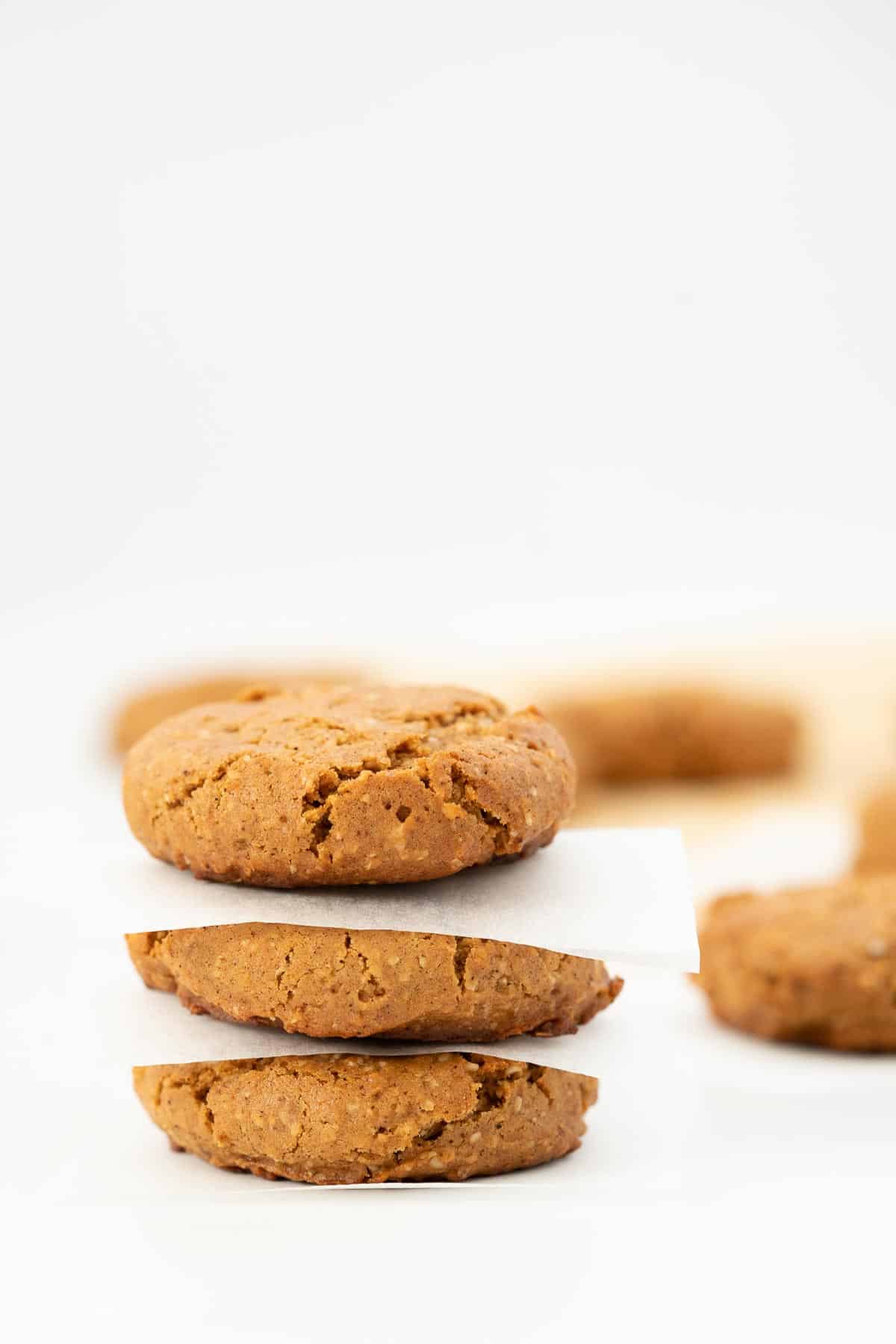 A stack of 3 cinnamon cookies, each cookie separated by a square piece of white paper.