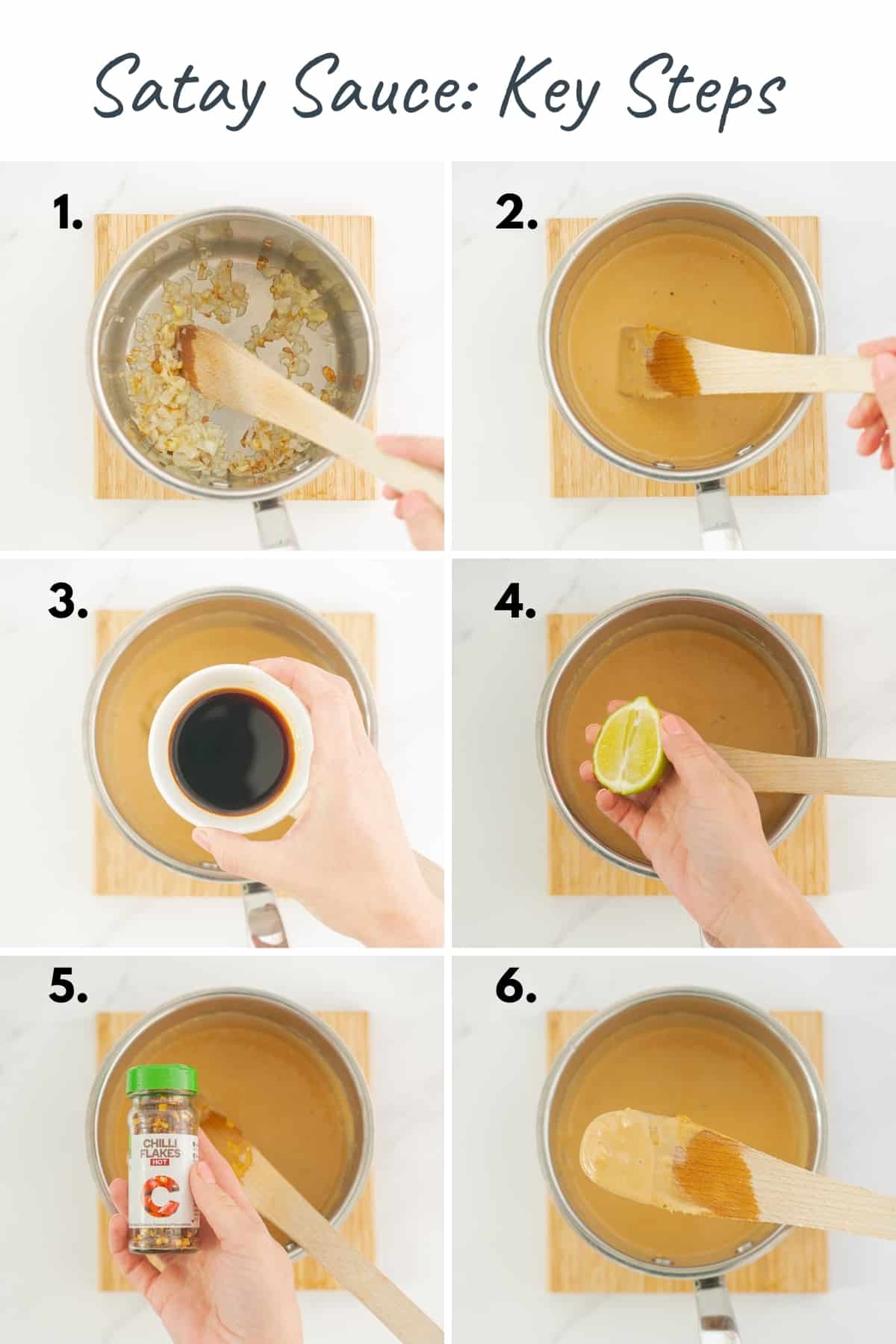6 photo collage showing the key steps to making satay sauce.