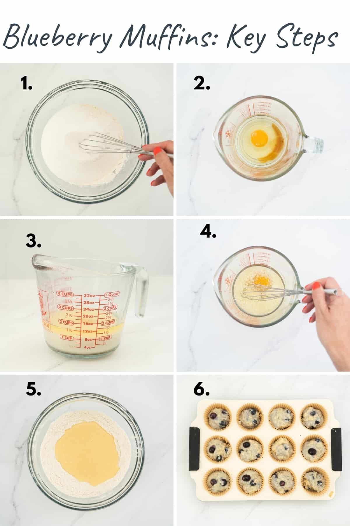6 photo collage showing the key steps to making blueberry muffins.