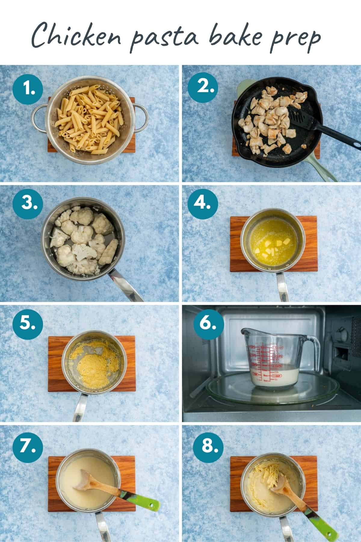 8 photo collage with text overlay showing the preparation required to make chicken pasta bake.