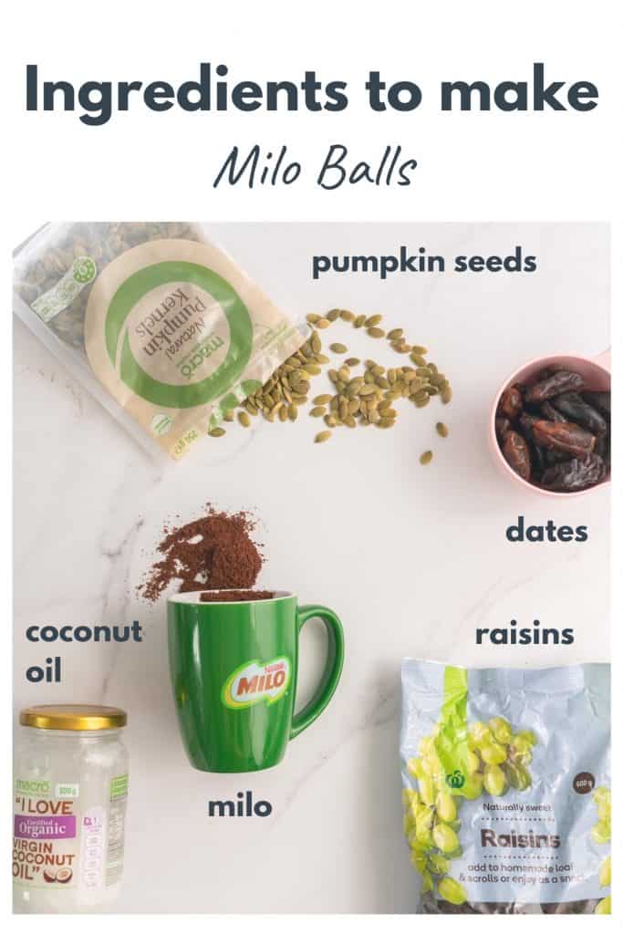 Ingredients to make milo balls laid out on a bench top with text overlay.