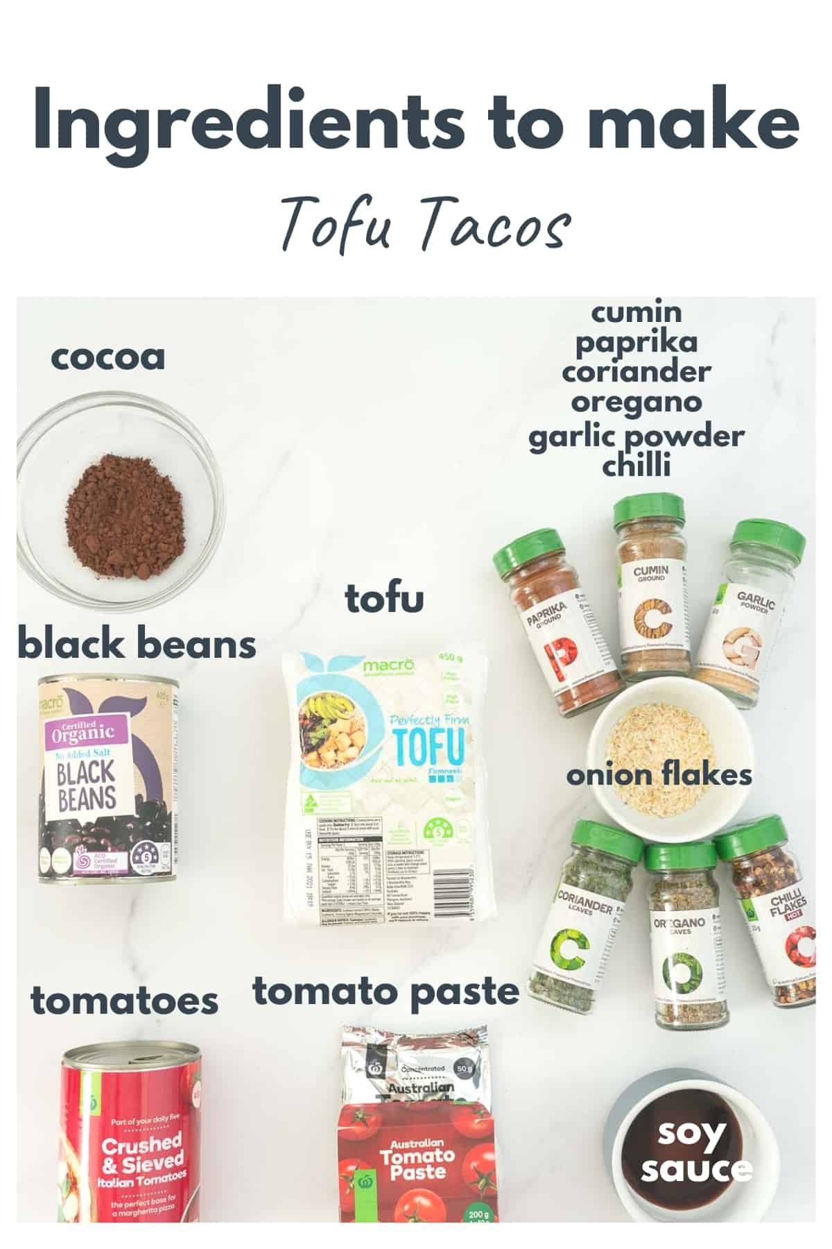 The ingredients to make tofo tacos laid out on a bench top with text overlay.