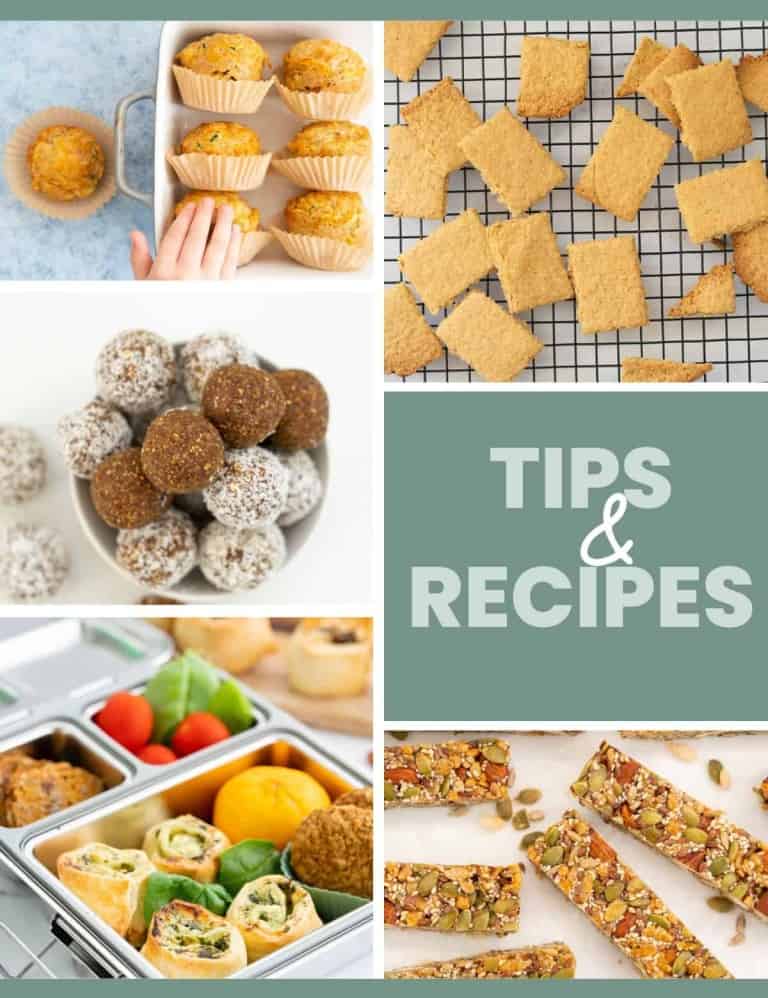 A six image collage of lunch box recipes from mykidslickthebowl.com