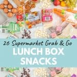 A collection of lunch box snacks you can grab at a supermarket laid out on a bench wth text overlay.