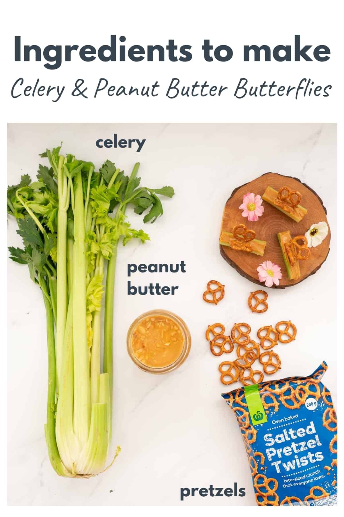 Ingredients to make celery ane peanut butter butterflies laid out on a bench with text overlays.